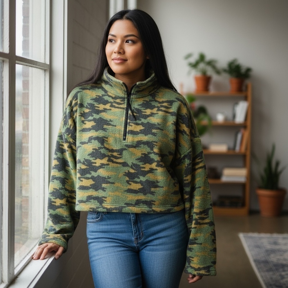 Urban Outfitters Cropped 1/4 Zip Fleece Pullover Womens Jacket Size Small
Camo
